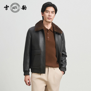 头层鹿皮时尚 25冬季 休闲真皮男雪豹驼绒水貂领皮外套 新品 专柜同款