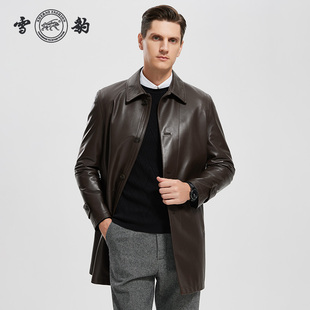 真皮皮衣商务休闲皮夹克外套 绵羊皮风衣男士 雪豹新款 中长款