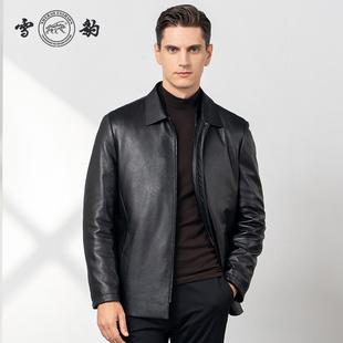 雪豹真皮皮衣男头层鹿皮商务休闲轻奢体制内羽绒内胆翻领行政外套