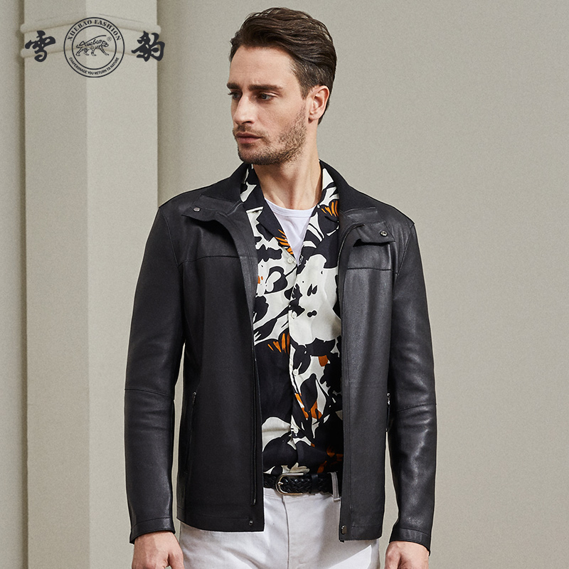 修身真皮皮衣雪豹夹克立领