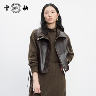专柜同款 25秋冬头层绵羊皮商务休闲真皮皮衣女雪豹立翻领马甲 新品