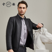 雪豹 羽绒内胆 头层鹿皮皮衣外套男商务休闲行政老钱立领夹克