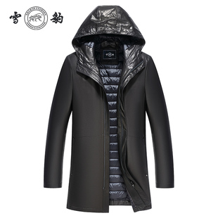 连帽皮羽绒 休闲体制内中长款 雪豹男士 真皮头层山羊皮商务轻奢时尚