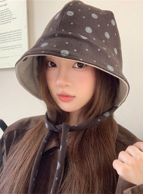 秋冬双面波点护耳保暖渔夫帽女