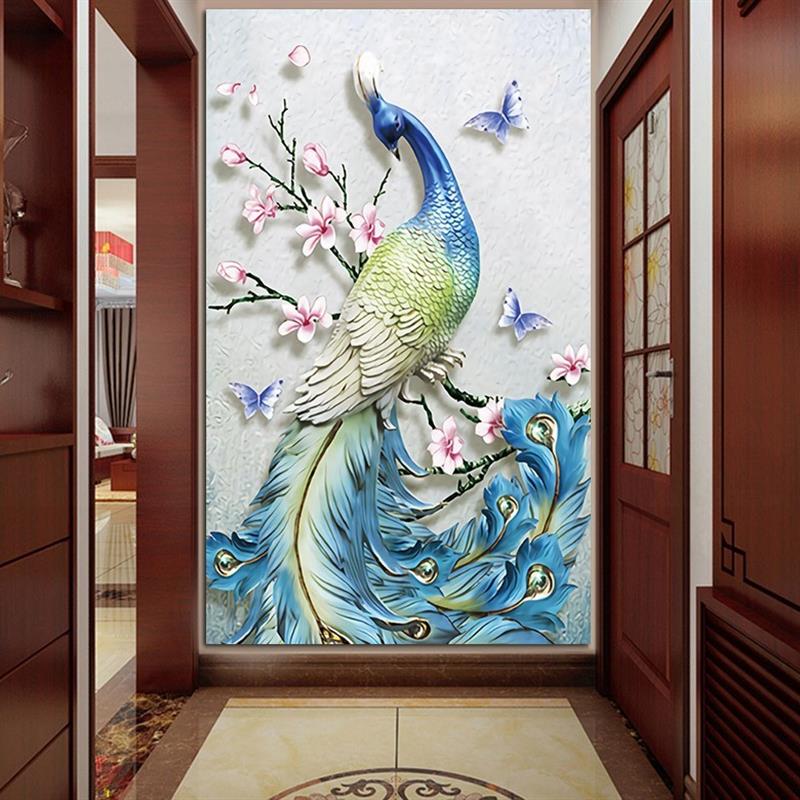 自粘贴画壁纸墙贴定制玫瑰花孔雀麋鹿玄关门贴客厅卧室背景墙壁纸图片