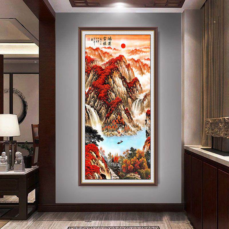 中式竖版山水风景画鸿运当头自粘画客厅装饰贴画墙画墙贴自粘画