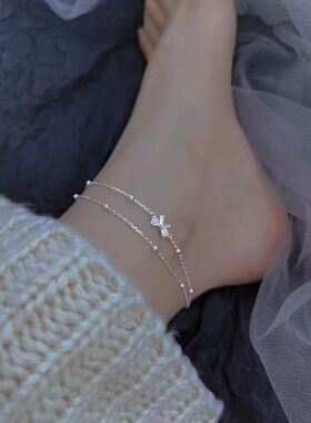 s925银双层蝴蝶结脚链送女友礼物