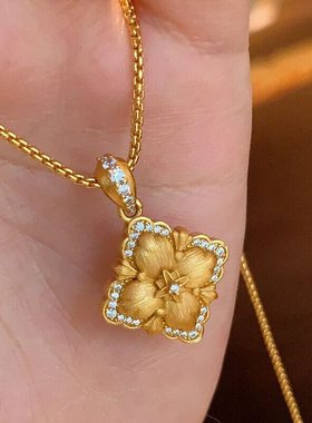 s925中古拉丝双面镶钻四叶草项链