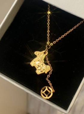 s925银爆闪碎冰冰小马铜钱项链女