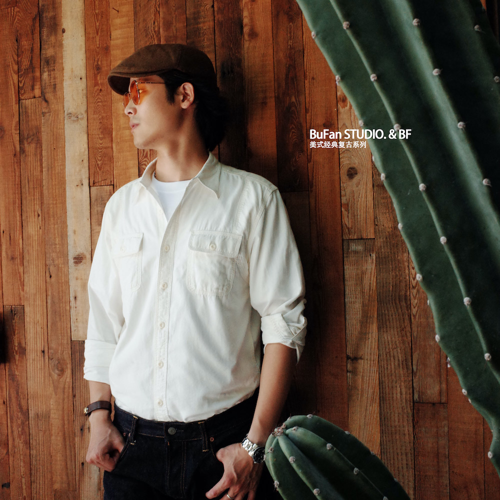 卜凡原创复古阿美咔叽薄款棉麻工装男士衬衫秋季米白潮流日系衬衣