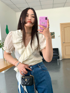 短袖 阿树家 上衣女夏季 灵感缪斯_短款 荷叶边连衣裙 v领气质衬衫