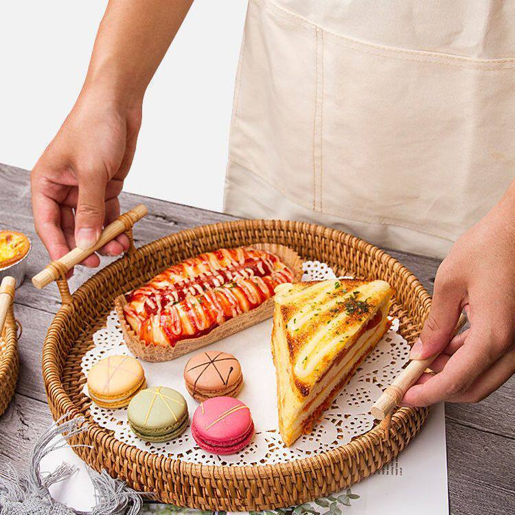 手工仿藤编托盘水果盘双耳藤篮编织早餐篮日式竹编面包点心野餐篮