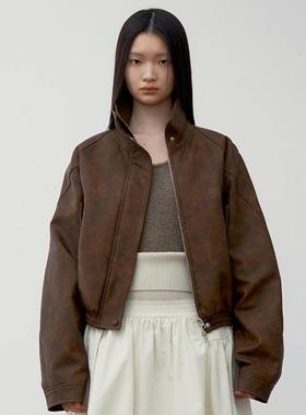 FACADE PATTERN皮衣外套女秋冬弧形插肩袖晕染做旧短款夹克上衣女