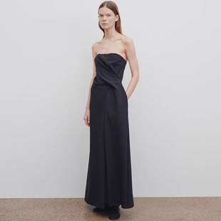 ROW连衣裙女2025春夏极简风不规则收腰A字裙气质晚礼服过膝长裙子