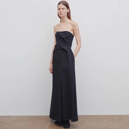 ROW连衣裙女2025春夏极简风不规则收腰A字裙气质晚礼服过膝长裙子