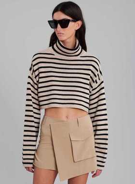 FACADE PATTERN 2025年秋冬新款高领羊毛条纹针织修身短款毛衣女