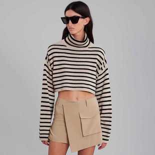 FACADE PATTERN 2025年秋冬新款高领羊毛条纹针织修身短款毛衣女