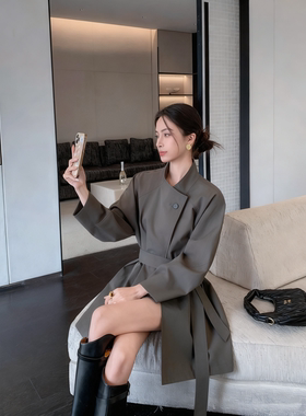 韩系灰色立领短款风衣女2025秋新款修身外套QD60879