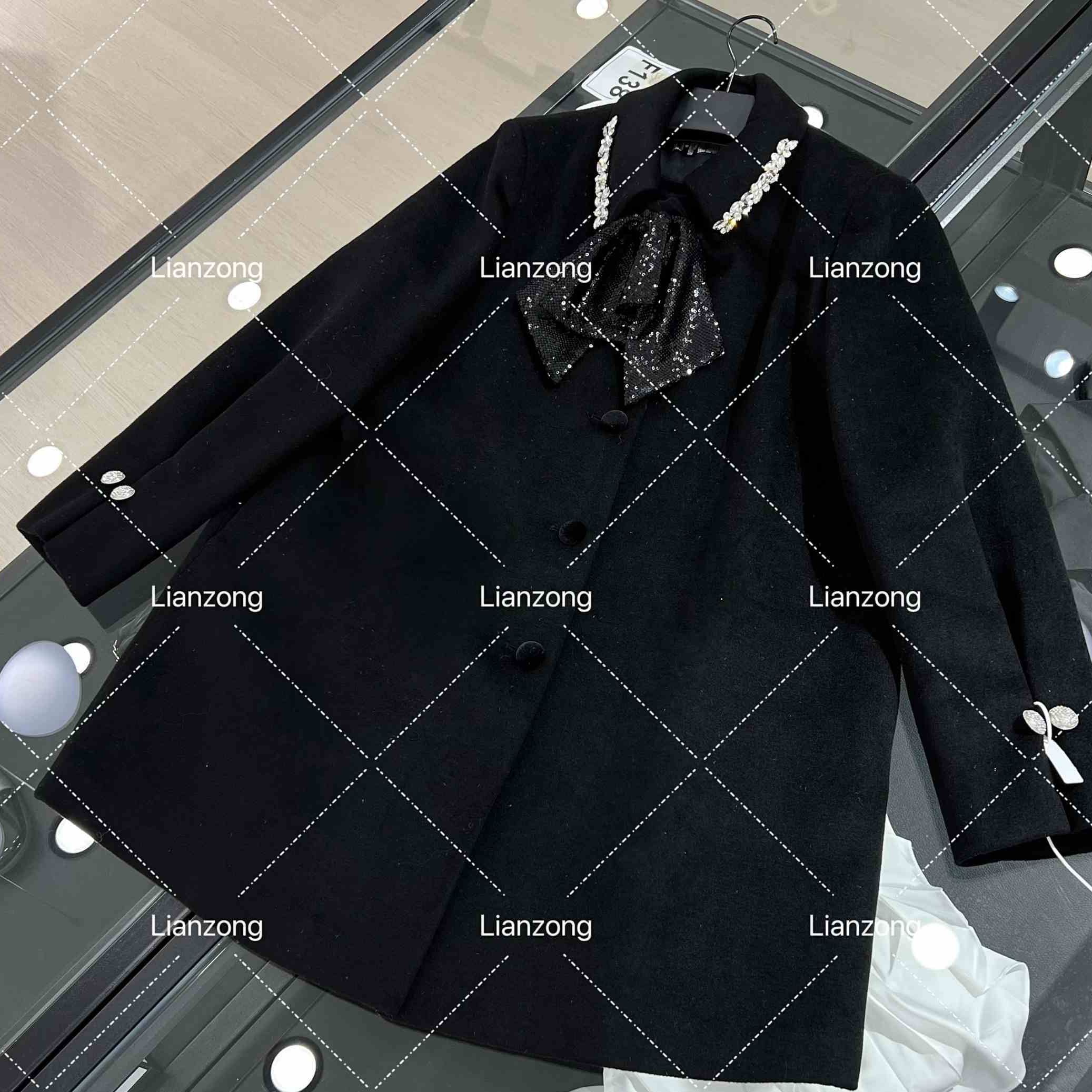 【爆米花专享】2025冬季新款亮片翻领中长款毛呢外套女QD8158