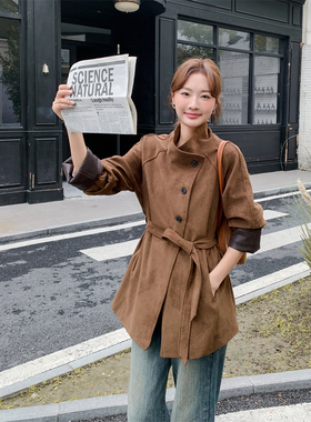 设计感港风麂皮风衣外套女复古气质立领气质百搭显瘦外套QD82313