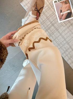 复古撞色刺绣阔腿裤女2025新款冬减龄可爱直筒宽松休闲裤QD85901