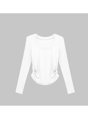 韩版纯色领正肩长袖打底衫2025早秋新款收腰短上衣内搭女QD82230