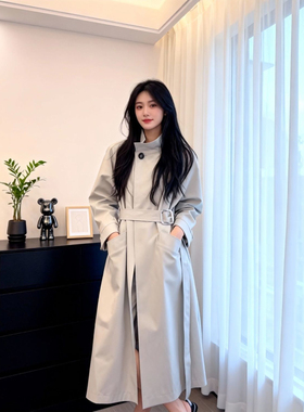 韩版纯色插肩袖系带宽松休闲外套2025春秋新款女装风衣QD82122