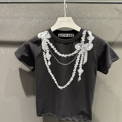 GATELESS韩国东大门代购2025夏季新款 时尚印花珠链图案短袖T恤女