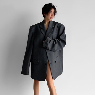 PAPERMOON 韩国代购2024春款女装 时尚阔形羊毛混纺长袖西服外套