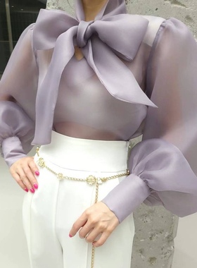 HERISH-HAUTE 韩国代购2024春款女装 气质丝巾蝴蝶结欧根纱衬衫