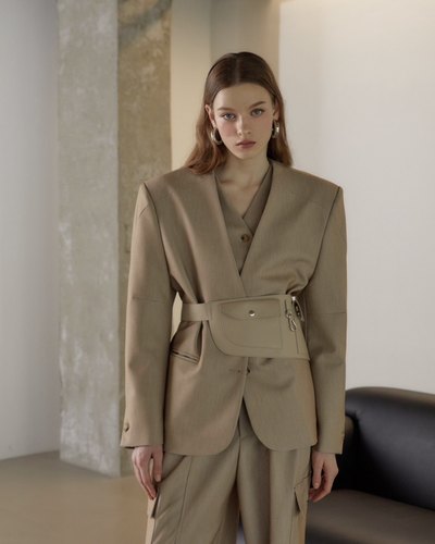 STAGE 韩国代购2024春款女装 时尚阔版V领垫肩长袖宽松西服外套