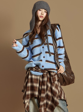 DINT韩国代2025秋冬装 15%羊毛混纺圆领长袖条纹针织衫开衫J2934