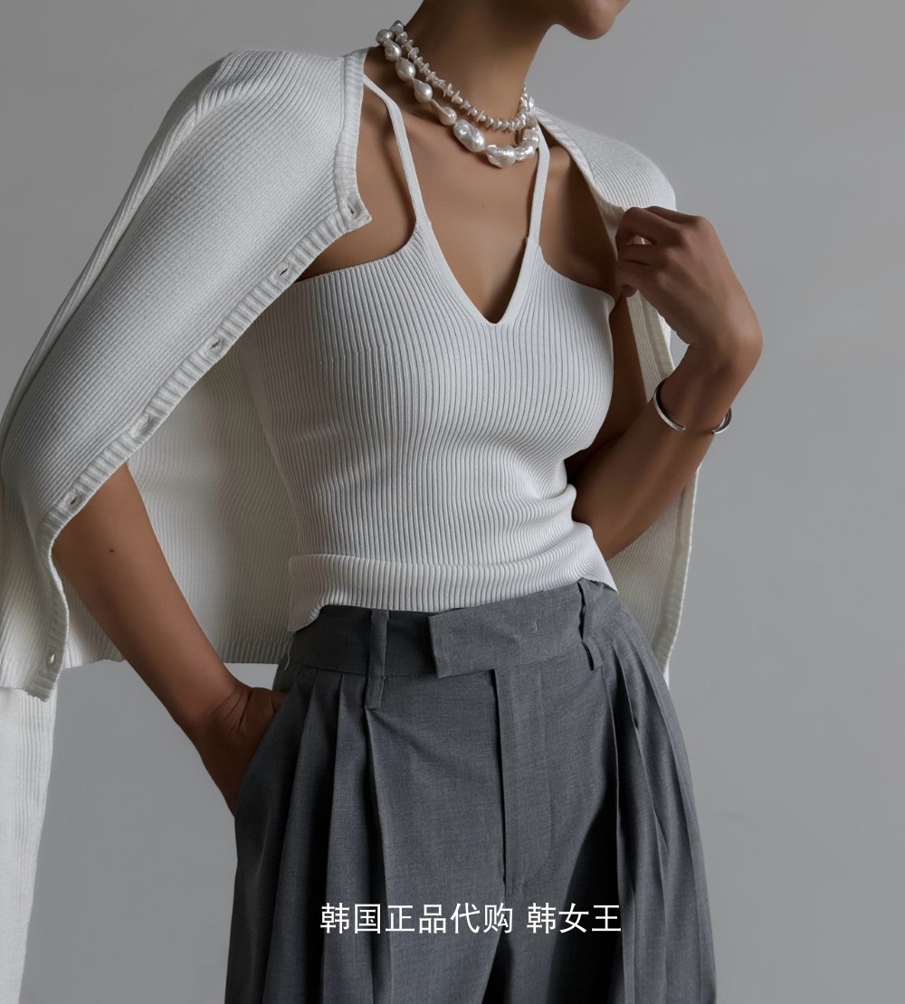PAPERMOON韩国代购2024春款女装螺纹修身长袖针织衫+吊带背心套装
