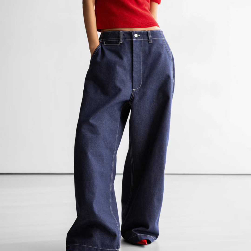 PAPERMOON韩国代购2025秋冬 时尚明线低腰宽松直筒牛仔裤长裤女