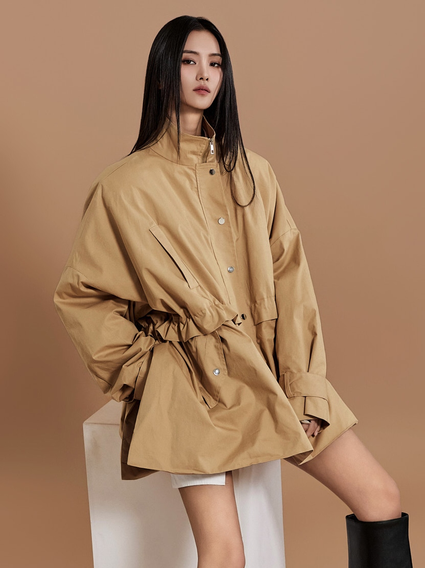 DINT韩国代购2024春款女装 帅气立领中长款慵懒大码夹克外套J2165