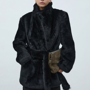 BLOSSOM韩国代购2025冬装 轻奢气质双排扣真毛羊皮皮草外套大衣女