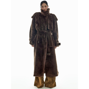 大衣外套女J3041 帅酷立领仿皮草毛绒长款 DINT韩国代购 2025秋冬装