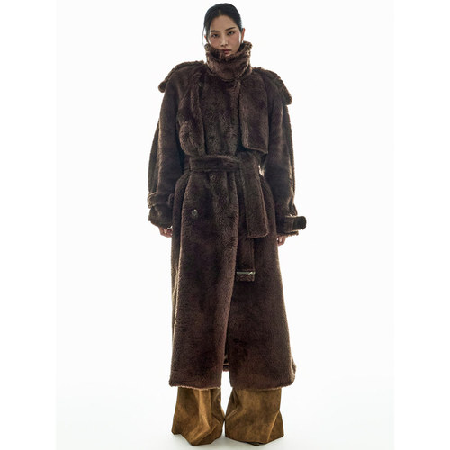 DINT韩国代购2025秋冬装 帅酷立领仿皮草毛绒长款大衣外套女J3041