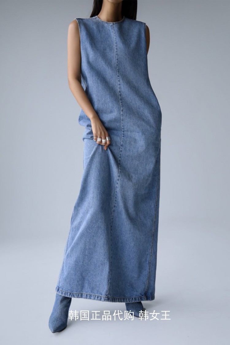 PAPERMOON 韩国代购2024夏新款女装 水洗蓝超长款无袖牛仔连衣裙