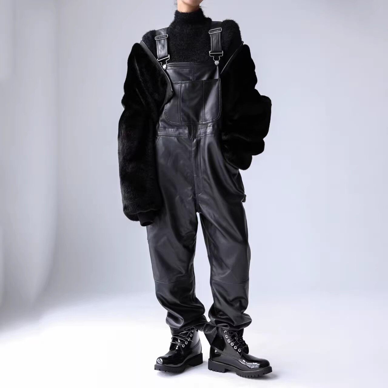 PAPERMOON 韩国代购2026春装 东大门时尚中性PU皮背带裤连体裤女