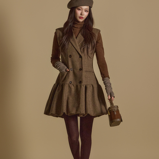 DINT韩国代购2024秋冬款女装 翻领双排扣马夹裙毛呢连衣裙D5169