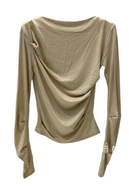 现货棕色 TARA BY MOTION韩国代购2025年秋季侧褶皱套指长袖T恤女