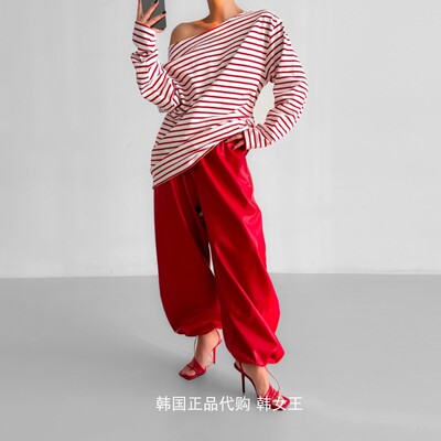 PAPERMOON 韩国代购2024早春装 时尚束脚低腰PU皮休闲裤女长裤