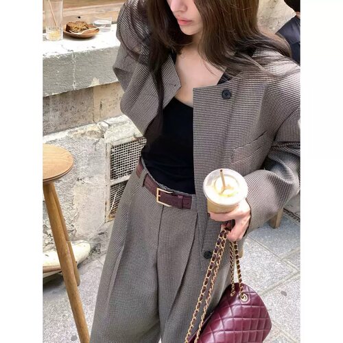 OUTFIT/SOAP AMD WATER韩国代购2026秋女 千鸟格垫肩短款西装外套