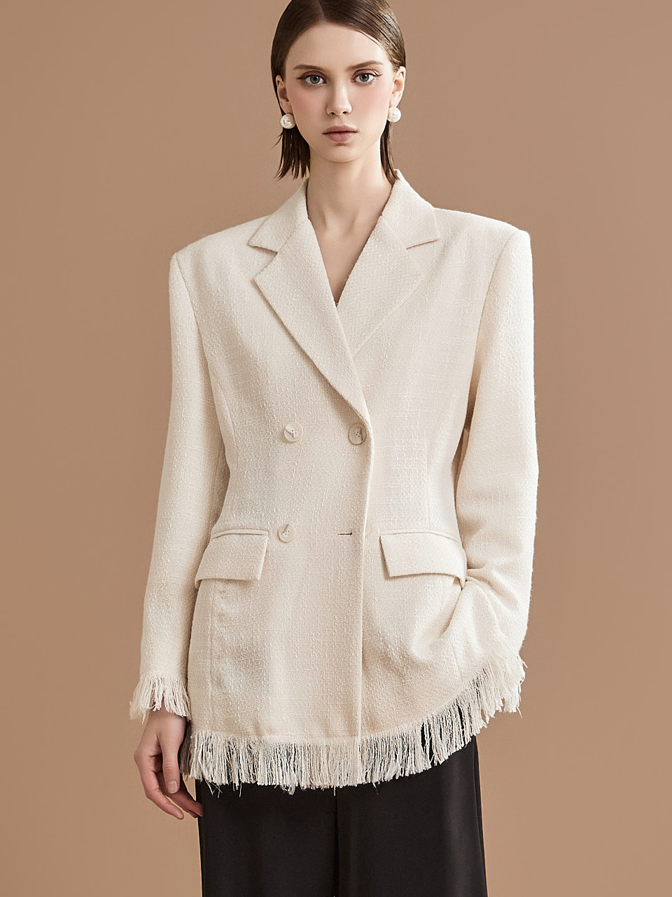 DINT韩国代购2024春女装 流苏穗双排扣粗花呢小香风西服外套J2261