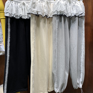 BOUTIQUE韩国东大门代购2025春装蕾丝裙摆拼接松紧腰休闲裤女长裤