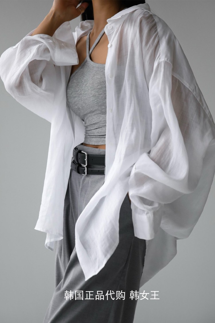 PAPERMOON韩国代购2024夏女装 纯色百搭薄款亚麻长袖衬衫休闲衬衣