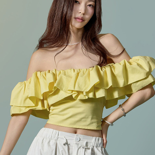 DINT韩国代购2026夏装 东大门性感女人味荷叶边露肩上衣衬衫B3192