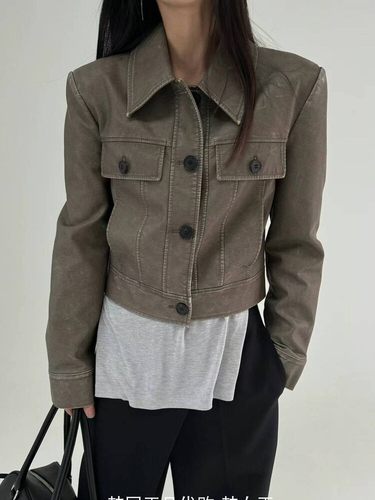 BLOSSOM韩国代购2024春款女装 时尚百搭翻领短款PU皮夹克外套韩货