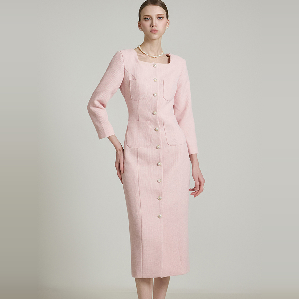 DINT韩国代购2025春款女装 气质方领珍珠单排扣粗花呢连衣裙D5190